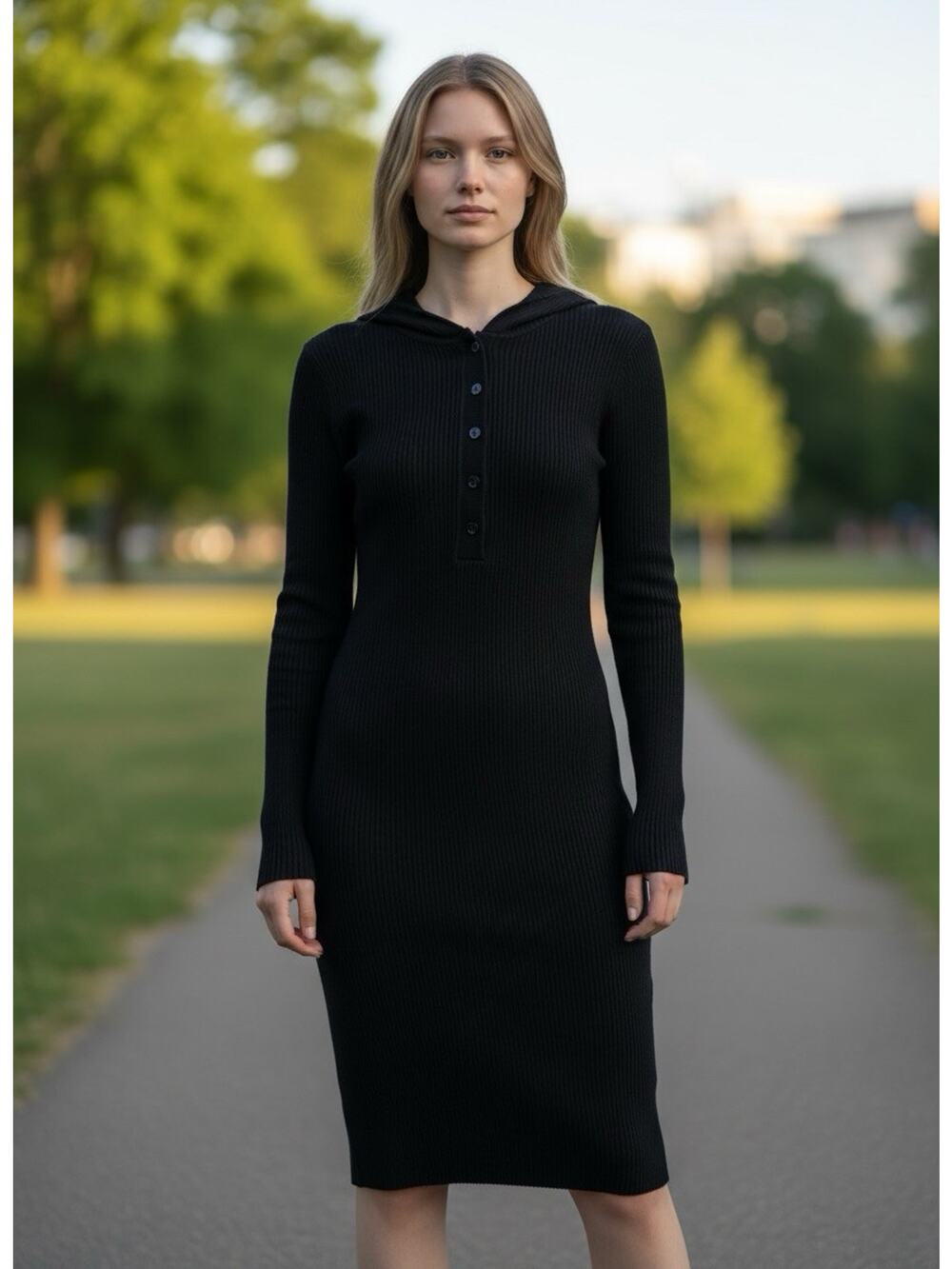 Womens Small Black Ribbed Bodycon Sweater Dress Collared Long Sleeve Midi